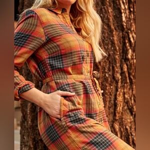 Toad&Co tie waist flannel shirt dress, fall colors, size large